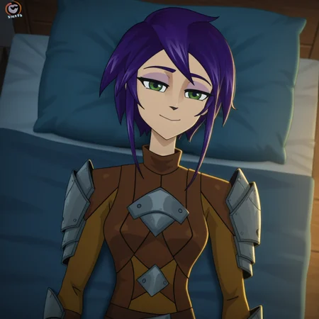 1girl, solo,
absurdres, high quality, masterpiece, anime screencap, 8k, absurd res, cinematic lighting,
detailed face, smile,
lying in bed, night, dark, bedroom, sleeping,
from above,
<lora:Starling:1> starlingsh, purple hair, green eyes, fingerless gloves, armor