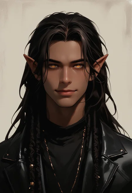 solo, score_9, score_8_up, score_7_up, high detailed, high quality, best quality, masterpiece, quality highlights, 8k detail, source_anime, ultra-detailed, expressiveh, semi-realistic, full view, expressive, cowboy shot
...
1boy, mature, elf ears, Amber eyes, dark skin, shy smile, long and loose with dreadlocks, rosy cheeks, glossy skin, handsome boy, handsome, muscular, full lips, athletic build,
...
Fancy outfit, detailed, weathered leather vest, loose black shirt
...
Detailed background in a inn