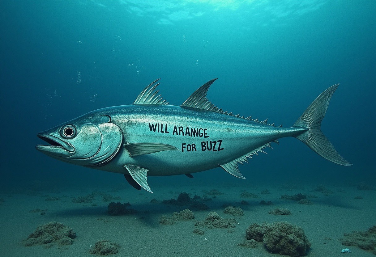 Imagine "WILL ARRANGE DEAD FISH FOR BUZZ" written in dead tuna fish on the bottom of the ocean floor.