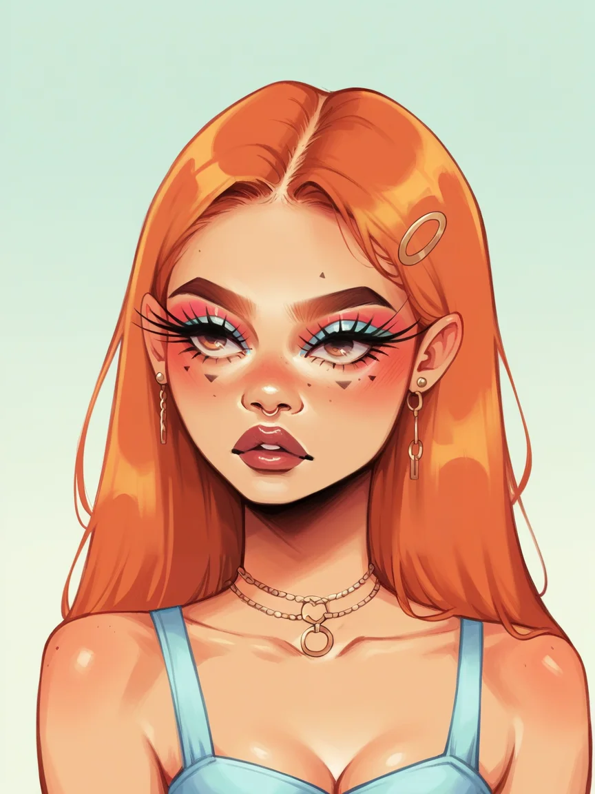 score_9, score_8_up, score_7_up, score_6_up, score_5_up, <lora:nikkileeismeXLP:1> nikkileeisme, 1girl, makeup, ginger hair