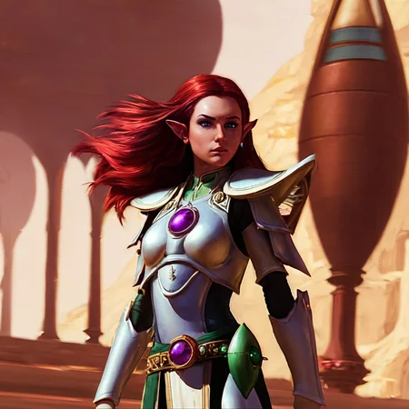 <lora:aeldari_xl_5:1> aeldari, asuryani, banshee, aeldari's armor, aeldari's shoulder armor, 1girl, solo, long hair, purple eyes, full body, weapon, red hair, pointy ears, elf, gauntlets, pauldrons, breastplate