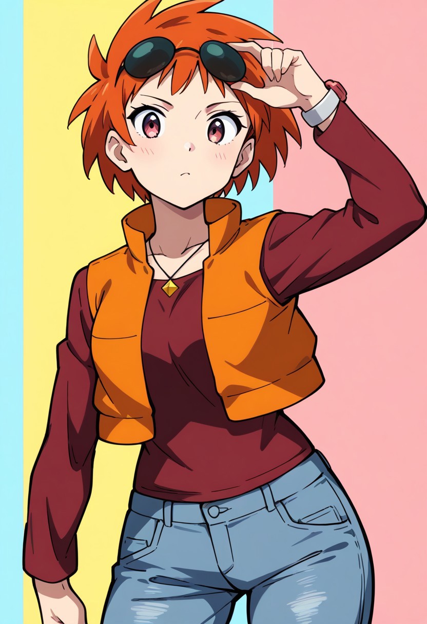2d, masterpiece, best quality, amazing quality, highres, absurdres, newest, 1girl, solo, cowboy shot, looking at viewer, multicolored background, simple background, colorful background, medium breasts, pkzoey, orange hair, short hair, spiked hair, bangs, necklace, eyewear on head, sunglasses, red shirt, long sleeves, bracelet, orange vest, jeans, denim