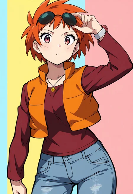 2d, masterpiece, best quality, amazing quality, highres, absurdres, newest, 1girl, solo, cowboy shot, looking at viewer, multicolored background, simple background, colorful background, medium breasts, pkzoey, orange hair, short hair, spiked hair, bangs, necklace, eyewear on head, sunglasses, red shirt, long sleeves, bracelet, orange vest, jeans, denim