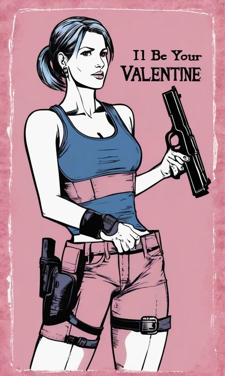 valentine card, simple pink background, Jill Valentine, re4, text reads "I'll be your Valentine", hearts, blue tank top, resident evil 4, holding gun