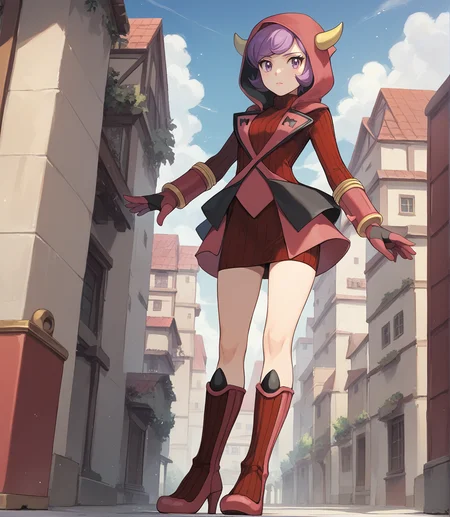 score_9,score_8_up,score_7_up,score_6_up,source anime BREAK,
1girl, courtney (pokemon), purple hair, bangs, eyelashes, purple eyes, short hair, medium breasts,
hood, hood up, horned headwear, team magma uniform, ribbed sweater, fake horns, turtleneck dress, hoodie, gloves, boots, heels
standing, 
 <lora:courtney_v1_0:1>