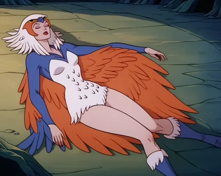 score_9, score_8_up, score_7_up, masterpiece,best quality,amazing quality, absurdres, source_cartoon, 1girl, solo, <lora:motu_sorc:1> motu_sorc, sorc, avian headdress, eyes closed, blue white leotard, orange feather cape, white furred boots,lying down, on ground, cave,