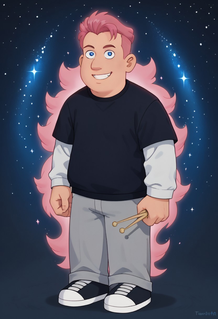 <lora:superFormAura_PDXL_Mlaofmd-09:1.0>, score_9, score_8_up, score_7_up, 1boy, Mort Schaeffer, solo, Silver eyes, pink glowing hair, black t-shirt, white sleeves, superaura, super form, pink aura, aura, fight stance, clenched hands, smile, grin, galaxy, starry, galaxy background, looking at viewer, floating, full body,
