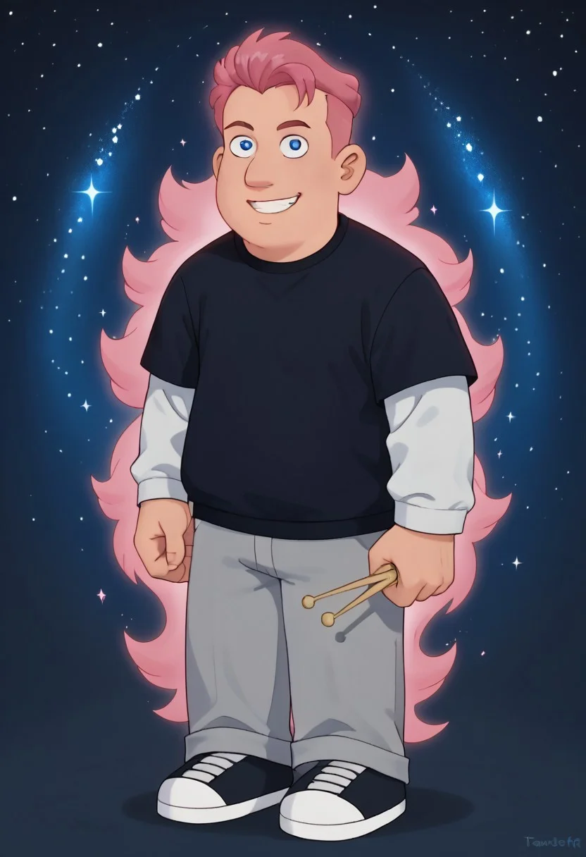 <lora:superFormAura_PDXL_Mlaofmd-09:1.0>, score_9, score_8_up, score_7_up, 1boy, Mort Schaeffer, solo, Silver eyes, pink glowing hair, black t-shirt, white sleeves, superaura, super form, pink aura, aura, fight stance, clenched hands, smile, grin, galaxy, starry, galaxy background, looking at viewer, floating, full body,