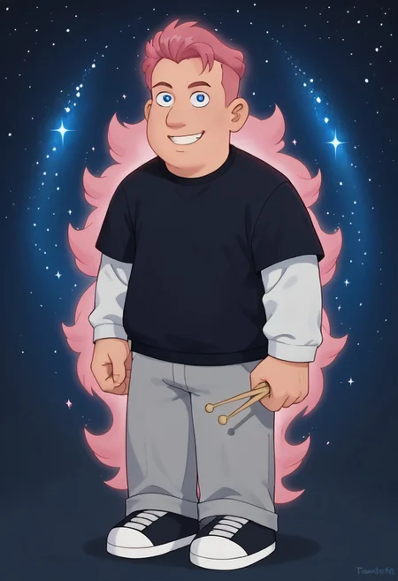 <lora:superFormAura_PDXL_Mlaofmd-09:1.0>, score_9, score_8_up, score_7_up, 1boy, Mort Schaeffer, solo, Silver eyes, pink glowing hair, black t-shirt, white sleeves, superaura, super form, pink aura, aura, fight stance, clenched hands, smile, grin, galaxy, starry, galaxy background, looking at viewer, floating, full body,