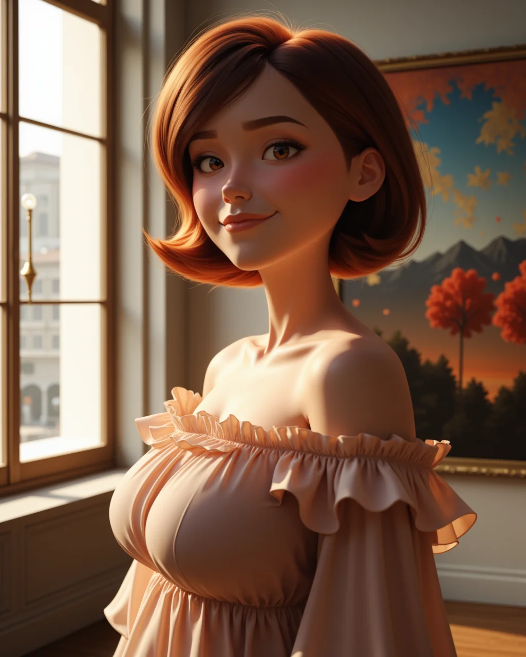 -looking at viewer, outdoors daylight
photorealistic image of <lora:Incredibles_-_Helen_Parr_v2-000030:1> i-helen a white woman with large breasts, short brown hair and brown eyes, Love-struck with dreamy eyes, a gentle smile, and a warm blush spreading across the cheeks.
Highest quality, best quality, masterpiece. The lighting is soft yet dramatic. The film grain adds a tactile, grainy texture, enhancing the dreamlike quality of the scene.
Chiffon off-shoulder ruffle blouse, flowing around the shoulders with elastic support and ruched texture
A woman stands in front of a large window in an art gallery, taking in the abstract painting in front of her, her expression thoughtful as she absorbs the colors and forms.