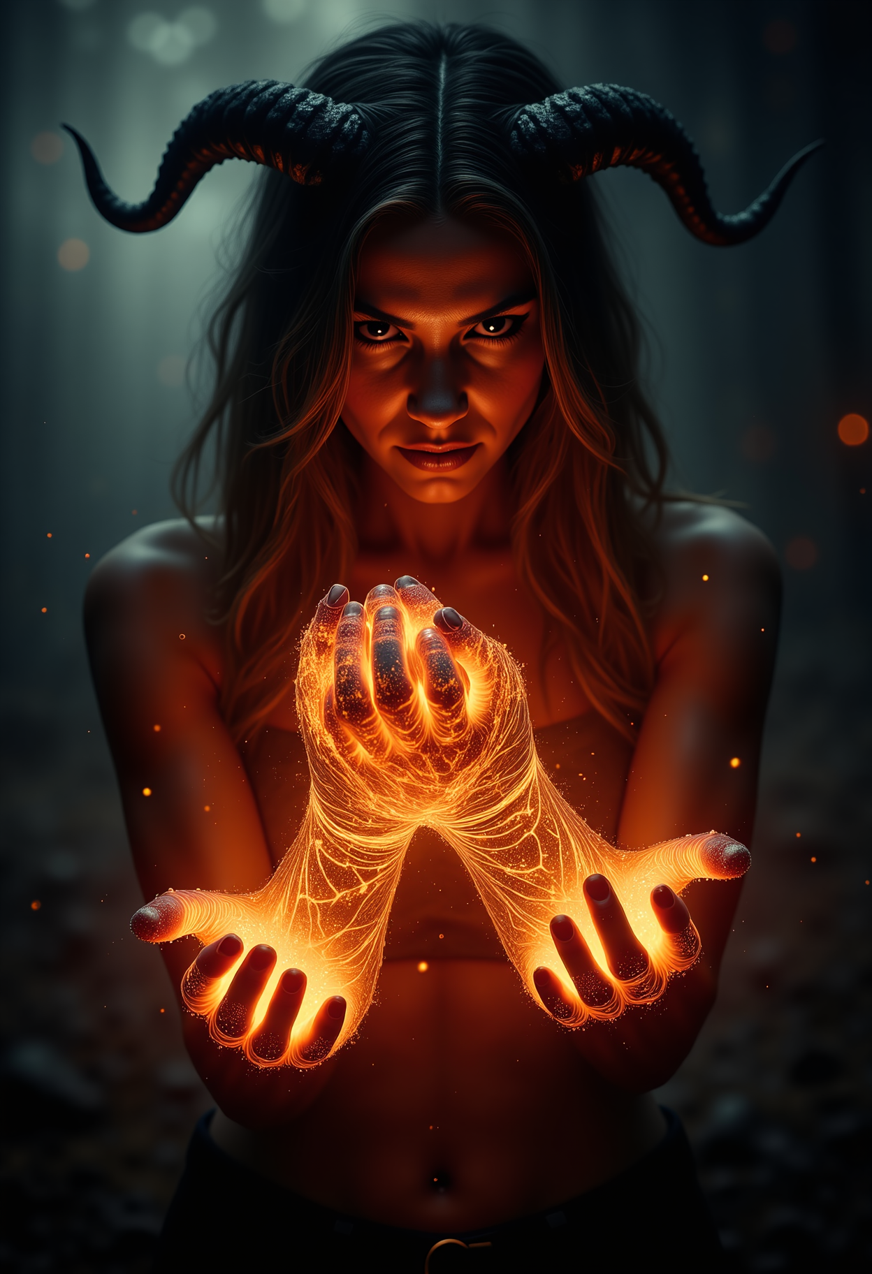 a demon woman with her hands covered in multiple glowing lava bracelets <lora:Dever_Flux_Enhancer:0.5>