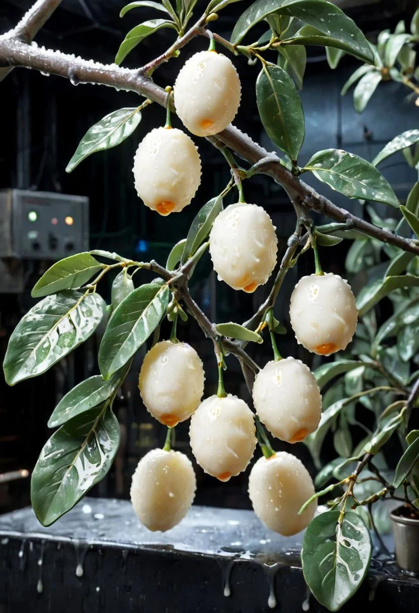 a somewhat realistic photo, White wax kumquats hanging from a branch, something is sightly off, uncanny, green tinted fluorescent lighting, highly detailed background, background of generic electronics, dark factory interior, White wax melting background