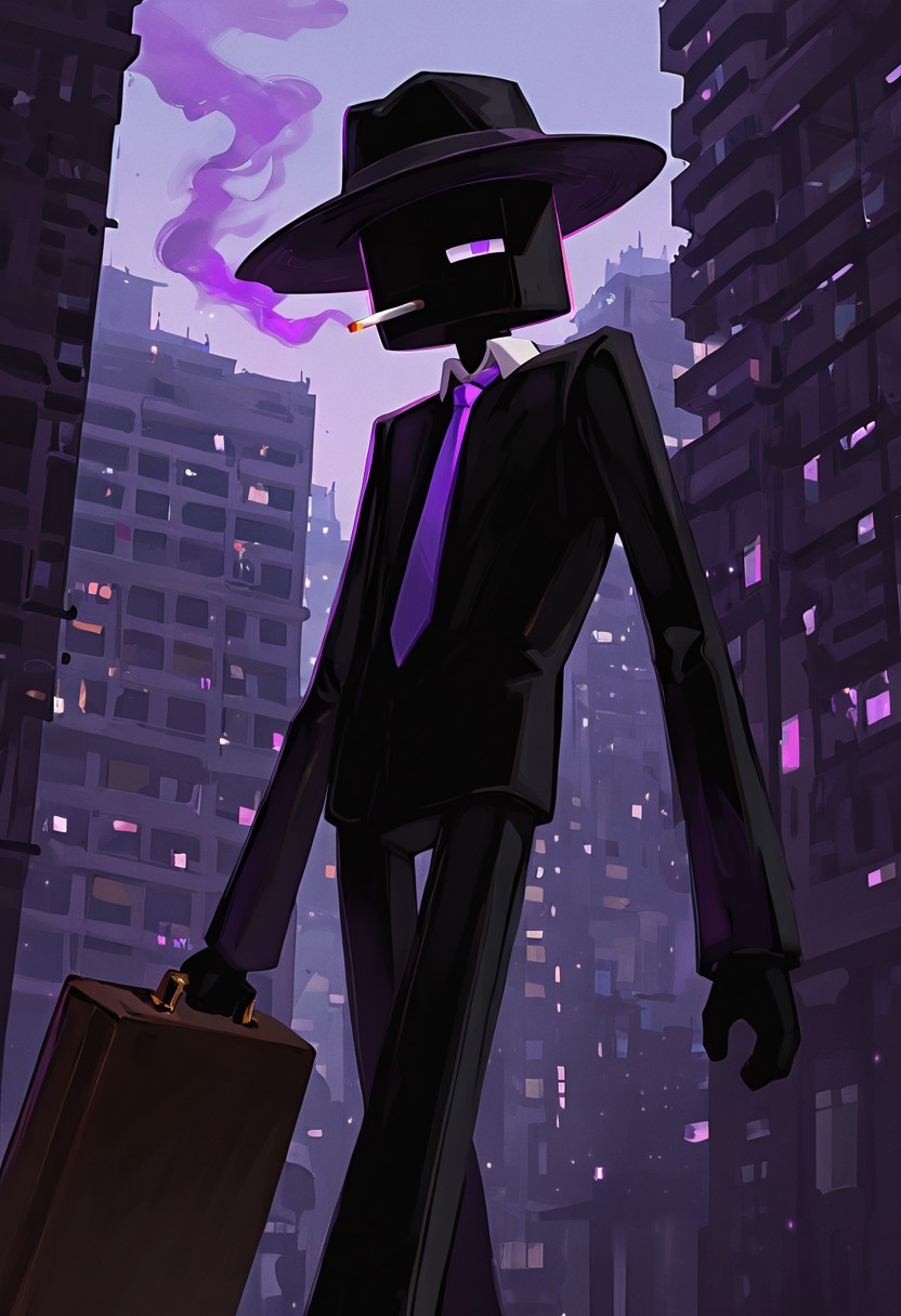 masterpiece, best quality, amazing quality, very aesthetic, absurdres, newest, , detailed background, 
klskx
enderman, no humans, purple eyes, rectangle eyes, , solo, male focus, black skin, no mouth, square head, square body, black head , pokemon (creature), 
purple necktie, city, holding briefcase, black fedora, fedora, fedora over one eye, smoking, cigarette, purple smoke,
