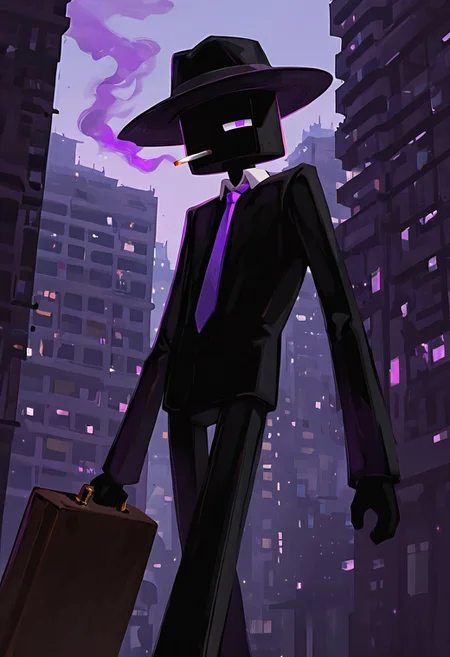 masterpiece, best quality, amazing quality, very aesthetic, absurdres, newest, , detailed background,
klskx
enderman, no humans, purple eyes, rectangle eyes, , solo, male focus, black skin, no mouth, square head, square body, black head , pokemon (creature),
purple necktie, city, holding briefcase, black fedora, fedora, fedora over one eye, smoking, cigarette, purple smoke,