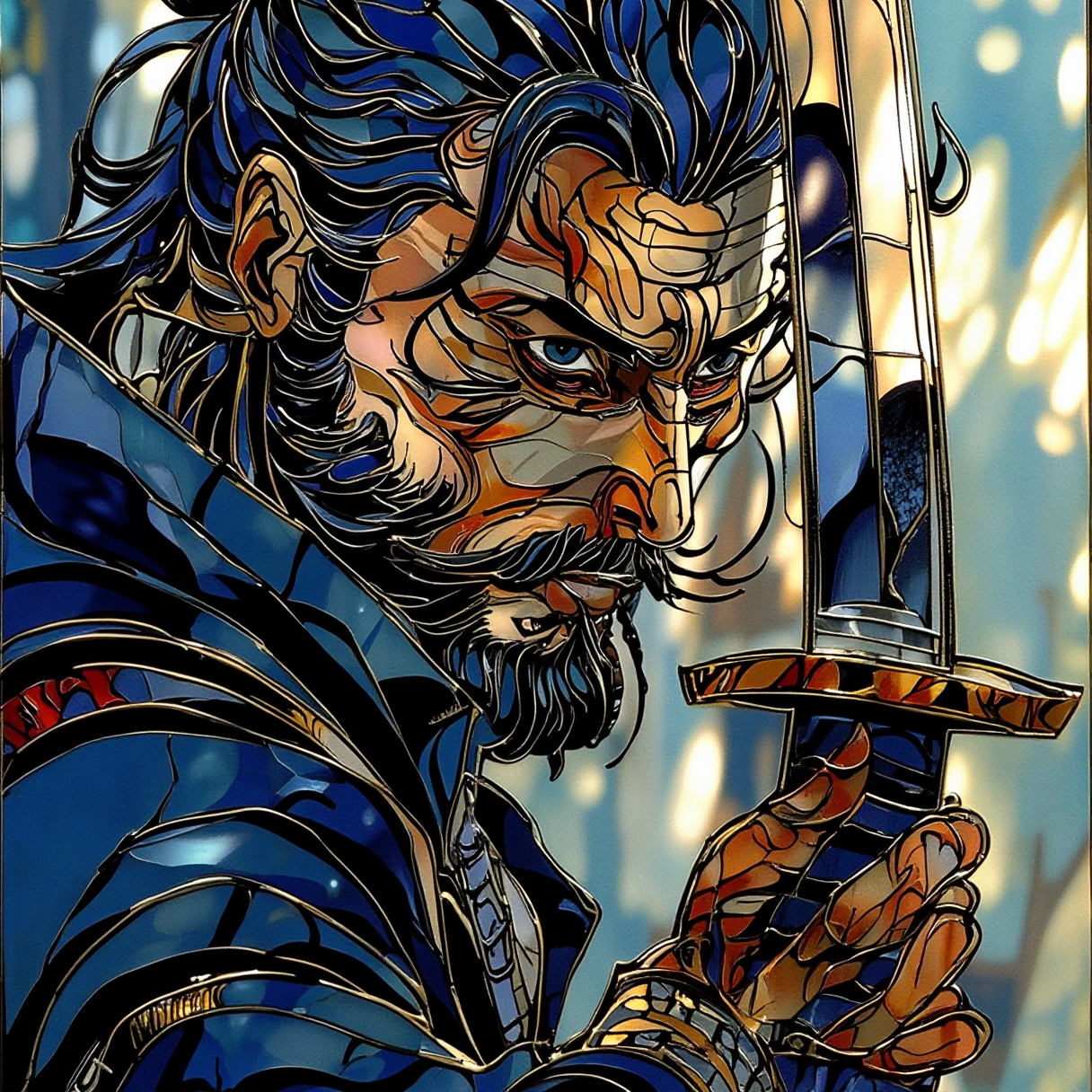 close-up, full-color manga-style portrait of a battle-hardened samurai, drawing heavy inspiration from Takehiko Inoue's "Vagabond." The samurai, with a weathered face and a stern expression, holds a gleaming katana diagonally in front of him, partially obscuring his face. His dark, piercing eyes are fixed on a distant point. He is clad in traditional, dark indigo garb with subtle texturing, and the katana reflects the dramatic, contrasting light that illuminates one side of his face, leaving the other in shadow. Utilize dynamic, fluid lines and expressive hatching to convey emotion and movement. The composition is tight, with a relatively shallow depth of field, focusing on the samurai and his weapon against a suggested background. The color palette is rich but slightly muted, with deep blues, blacks, browns, and warm skin tones, all contributing to a polished yet dramatic look. The image should capture the intensity, power, and quiet drama of a formidable yet contemplative warrior from the feudal Japan era, rendered in a style that faithfully reflects the expressive character design and detailed linework of Vagabond.