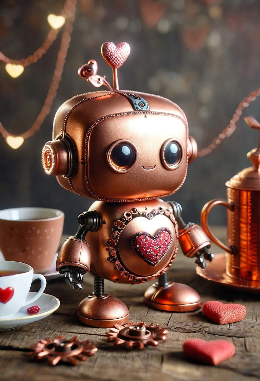 masterpiece, best quality, absurdres, cute copper gear robot tea party, made out of copper gears, made out of copper, ral-smlvltnpls