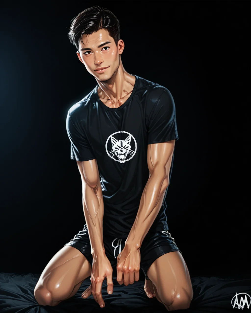 score_9, score_8_up, score_7_up, score_6_up, score_5_up, score_4_up, rating_questionable, 
<lora:PulenKompot-Ganassa Style-PonyXL:1>, ganassa,
intricately detailed, photo studio with black backdrop, black background,
1boy(human, glistening skin, handsome, sexy, seductive, posing, looking at the viewer, friendly expression, kneeling,
asian, black hair, 
twink, slender, 
loose t-shirt, shorts),
depth of field, 
<lora:xl_more_art-full_v1:0.4>,
<lora:add-detail-xl:0.4>