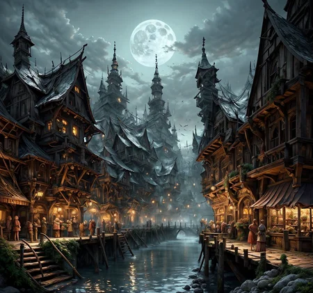 RAW photo, (masterpiece:1.3), subsurface scattering, heavy shadow, (high quality:1.4), (intricate, high detail:1.2), professional photography, HDR, High Dynamic Range, realistic, ultra realistic, photorealistic, high resolution, film photography, ambient lighting, atmospheric effects, <lora:detail_slider_v4:2>, OverallDetail, <lora:Laketown:1>, bridge, building, city, full moon, laketown, multiple girls, night, no humans, outdoors, plant, scenery, sky, smoke, stairs, tree, water
