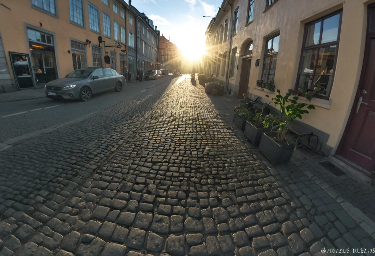 randshadscree, photograph, evening, sunshine, backlit, lens flare, fish eye, dutch angle, lens flare, silhouette,
bus,
old town, scandinavian, cobblestone, potted plants, partially cloudy,