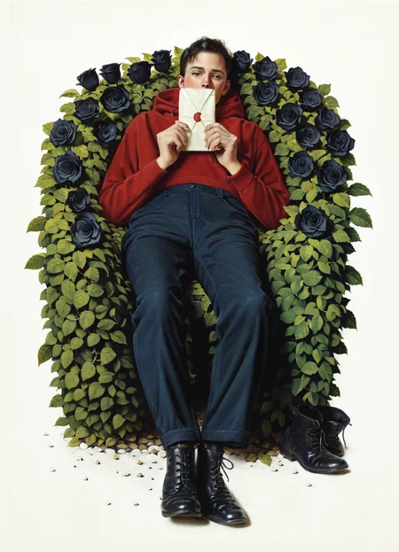 masterpiece, best quality, amazing quality, very aesthetic, absurdres, realistic, photorealistic, norman rockwell,

(1boy, solo, black hair:1.1), short hair, red hoodie, black jeans, black boots, ankle boots,

full body, lying, on back, three quarter view,

(black rose bush, leaf:1.2), simple background, white background,

holding envelope, skinny, ground, dirt, pebble
