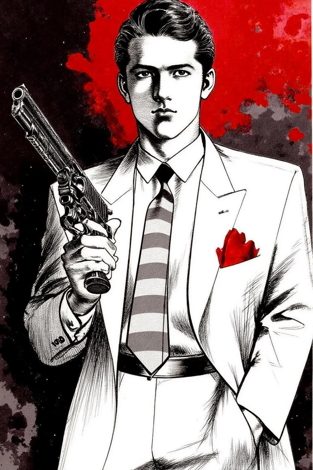 1keryo illustration.
The image depicts a stylized illustration of a person holding a gun. The individual is dressed in a formal suit with a white jacket and a striped tie. A red pocket square is prominently displayed in the breast pocket of the jacket. The overall style of the artwork is reminiscent of classic noir or gangster themes, often associated with mid-20th century American cinema. The use of black and white with a splash of red adds to the dramatic and intense atmosphere of the scene. <lora:1keryo1_cap_d6a3e12:1.0><lora:826549388198312422:0>