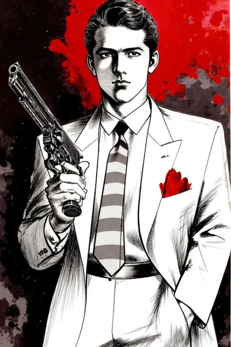 1keryo illustration.
The image depicts a stylized illustration of a person holding a gun. The individual is dressed in a formal suit with a white jacket and a striped tie. A red pocket square is prominently displayed in the breast pocket of the jacket. The overall style of the artwork is reminiscent of classic noir or gangster themes, often associated with mid-20th century American cinema. The use of black and white with a splash of red adds to the dramatic and intense atmosphere of the scene. <lora:1keryo1_cap_d6a3e12:1.0><lora:826549388198312422:0>