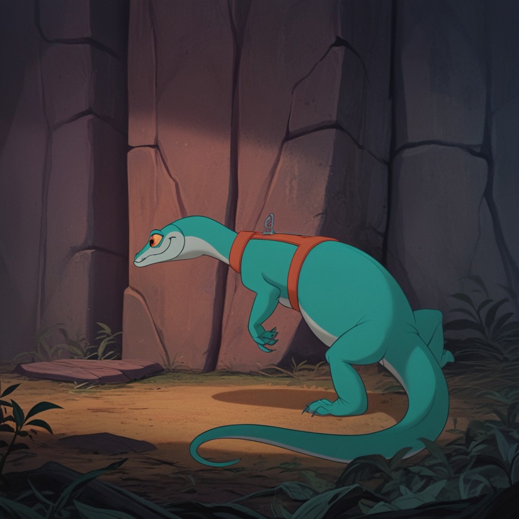score_9, score_8_up, score_7_up, score_6_up, score_5_up, score_4_up, source_furry, joannardu, feral, female, lizard, green skin, orange eyes, yellow sclera, standing, outside, harness