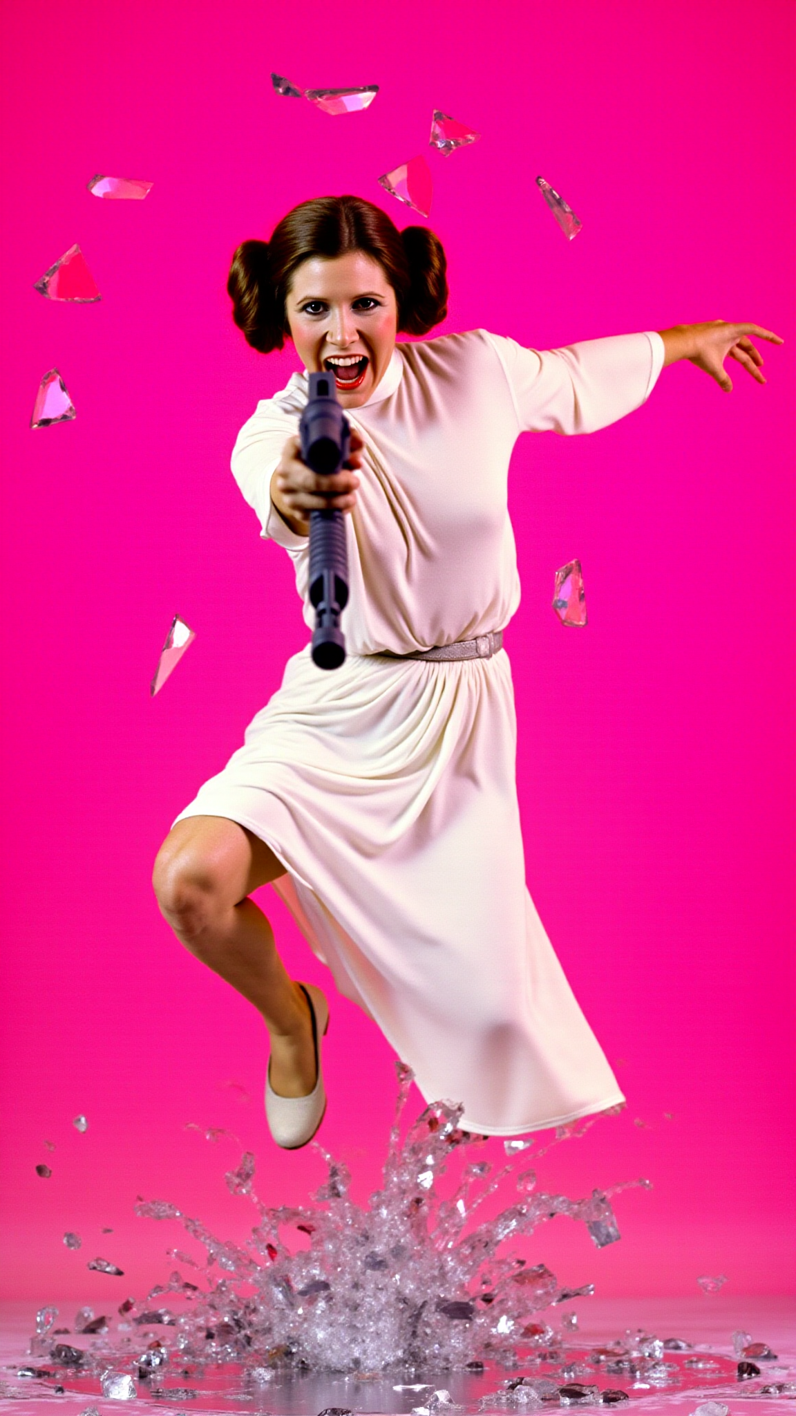 <lora:Carrie_Fisher_Flux:1.2> A dynamic, high-energy scene captures Carrie Fisher as Princess Leia Organa holding a blaster from starwars pointed at viewer in a fierce pose, mid-action as she bursts through a shattered glass surface, shards flying in all directions. Perfect hands. The background is a solid, vivid HotPink, creating a stark, intense contrast with the sharp, reflective fragments of glass. She's a young woman with fair skin and brown hair styled in two large, round buns, dressed in her iconic white, floor-length gown, which features a high neck and long, flowing sleeves.   Her body is marked with small cuts from the glass, droplets of blood glistening under the light. Her expression is one of pure fury, his eyes locked onto the viewer as if they are the target of her rage. Her pose is explosive, one leg extended forward as if sheâs leaping through the air, his arms raised defensively or ready to strike. The glass shards around him are frozen in mid-air, their jagged edges catching the light and creating a chaotic, almost surreal effect. The HotPink background amplifies the intensity of the moment, evoking a sense of danger and raw emotion. The atmosphere is charged with adrenaline, the aftermath of his violent breakthrough palpable in every detail. The image feels as if itâs happening directly in front of the viewer, Carrie Fisher as Princess Leia Organaâs momentum and the flying glass creating a sense of immediacy and immersion. Itâs a moment of chaos and power, a snapshot of rage and determination frozen in time. The combination of the HotPink backdrop, the sharp glass, and Carrie Fisher as Princess Leia Organaâs fierce expression makes for a visually striking and emotionally charged composition. She goes forward, driven by duty and the promise of glory.
