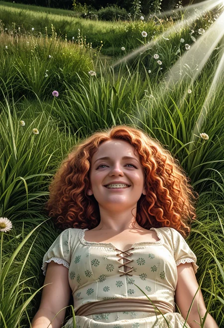 masterpiece, best quality, amazing quality, very aesthetic, absurdres, very awa, (22 year old woman, solo, Merida) outdoors,GRASS,SUNLIGHT,RIM lighting,, <lora:Liking_Masturbation-000014:1.0> rating_safeclose-up br4c3f4c3, smile from below,looking up, <lora:Braces_Only:1>