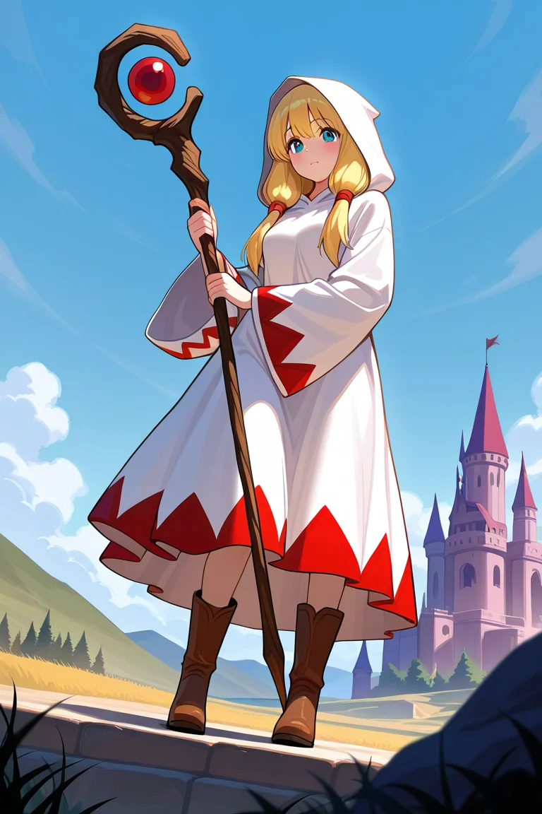 The Castle of Shadows,1girl,<lora:White_mage_Illustrious:1>,white mage_cos,white mage,hood,robe,long sleeves,boots,staff,holding staff,, masterpiece, best quality, amazing quality, newest
