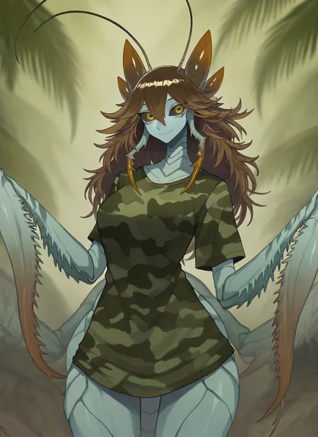 artist:, masterpiece, best quality, newest, very awa, absurdres, highres, mnts, 1girl, carapace, blue skin, brown hair, Textured Lob with Messy Parting hair, smile, camo t-shirt, looking at viewer, daytimes, tropical forest, detailed, <lora:SDXL\Illustrous\Concept\Mantis_girl_concept:1.0>