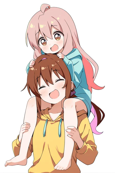 masterpiece, best quality, amazing quality,
 <lora:Haru_IL:1> haru, multiple girls, 2girls, brown eyes, smile, ahoge, closed eyes, white background, shirt, long hair, :d, scrunchie, brown hair, carrying, barefoot, simple background, bow, multicolored hair, hood, bangs, shoulder carry, pink hair, blush, hair scrunchie, hair between eyes, hoodie