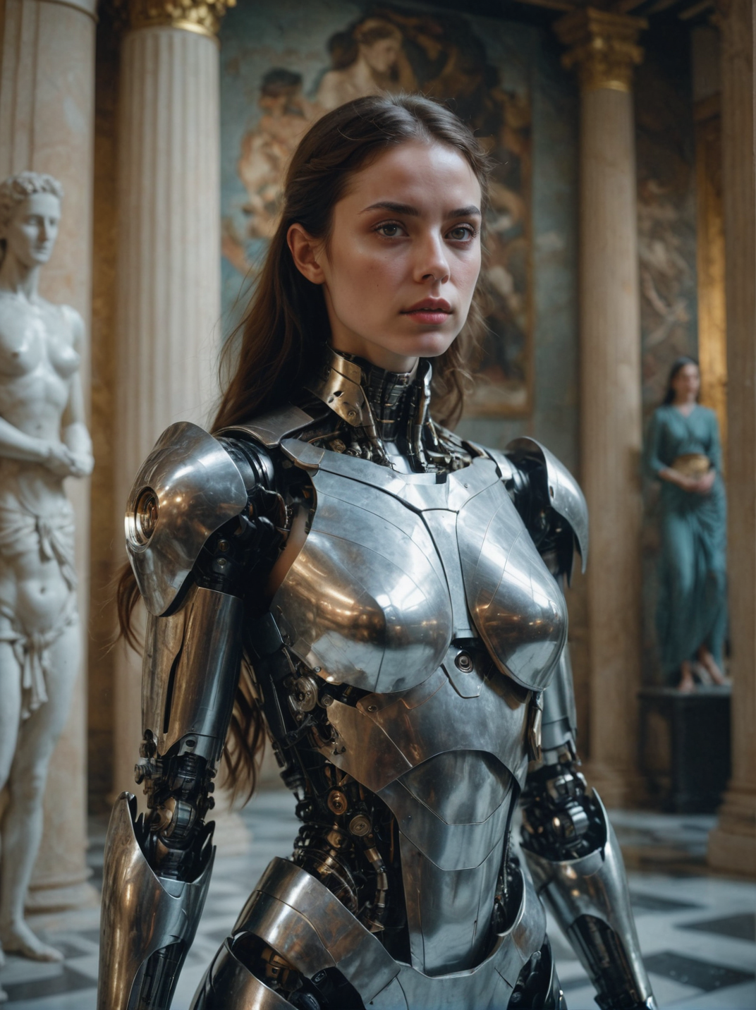 cinematic film still, close up, a robot woman stands tall, half-human half machine, amongst an ancient Greek gallery of paintings and marble, religious symbolism, quantum wavetracing, high fashion editorial, glsl shaders, semiconductors and electronic computer hardware, amazing quality, wallpaper, analog film grain, perfect face skin <lora:aesthetic_anime_v1s:1.1>