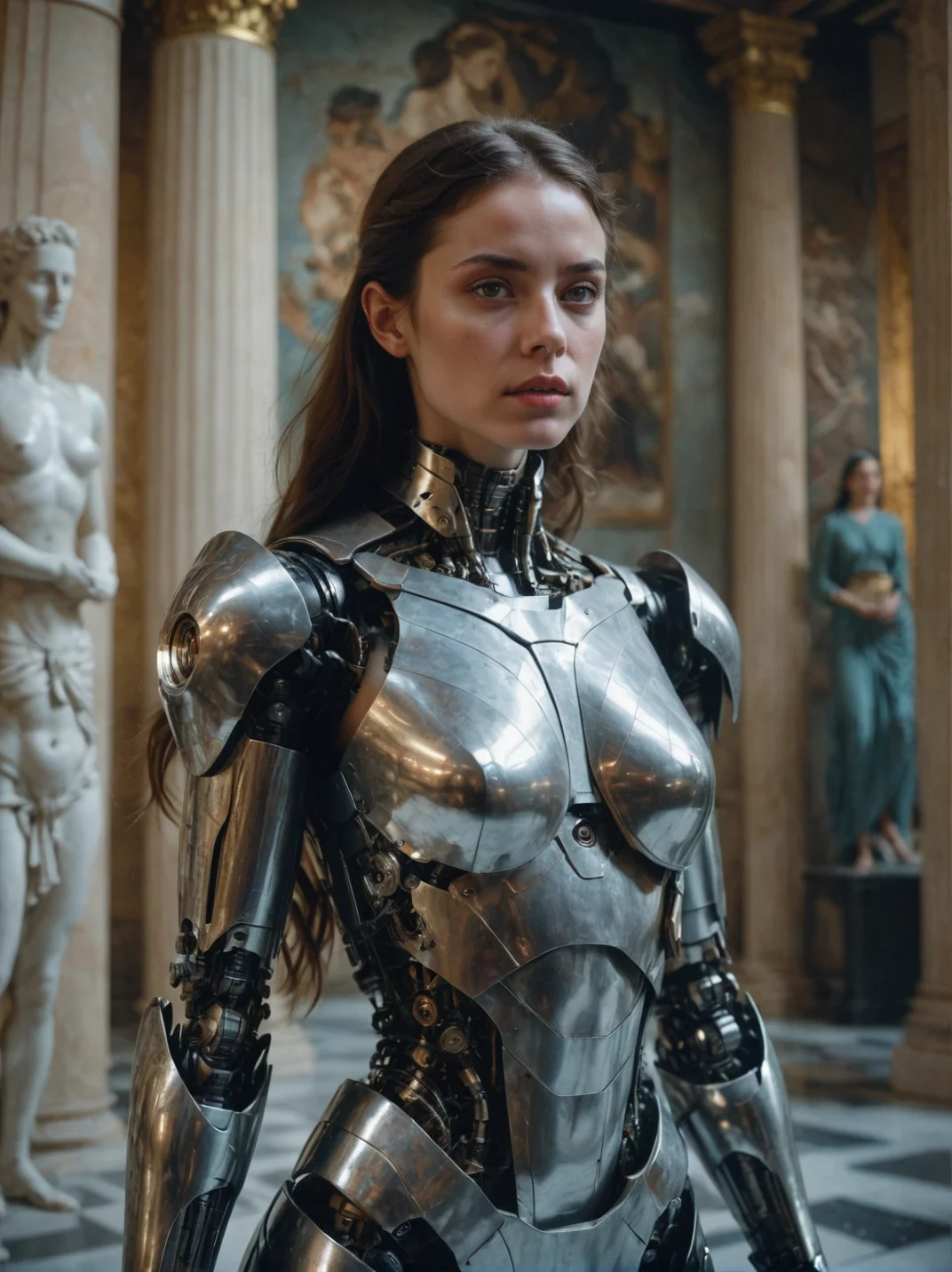 cinematic film still, close up, a robot woman stands tall, half-human half machine, amongst an ancient Greek gallery of paintings and marble, religious symbolism, quantum wavetracing, high fashion editorial, glsl shaders, semiconductors and electronic computer hardware, amazing quality, wallpaper, analog film grain, perfect face skin <lora:aesthetic_anime_v1s:1.1>