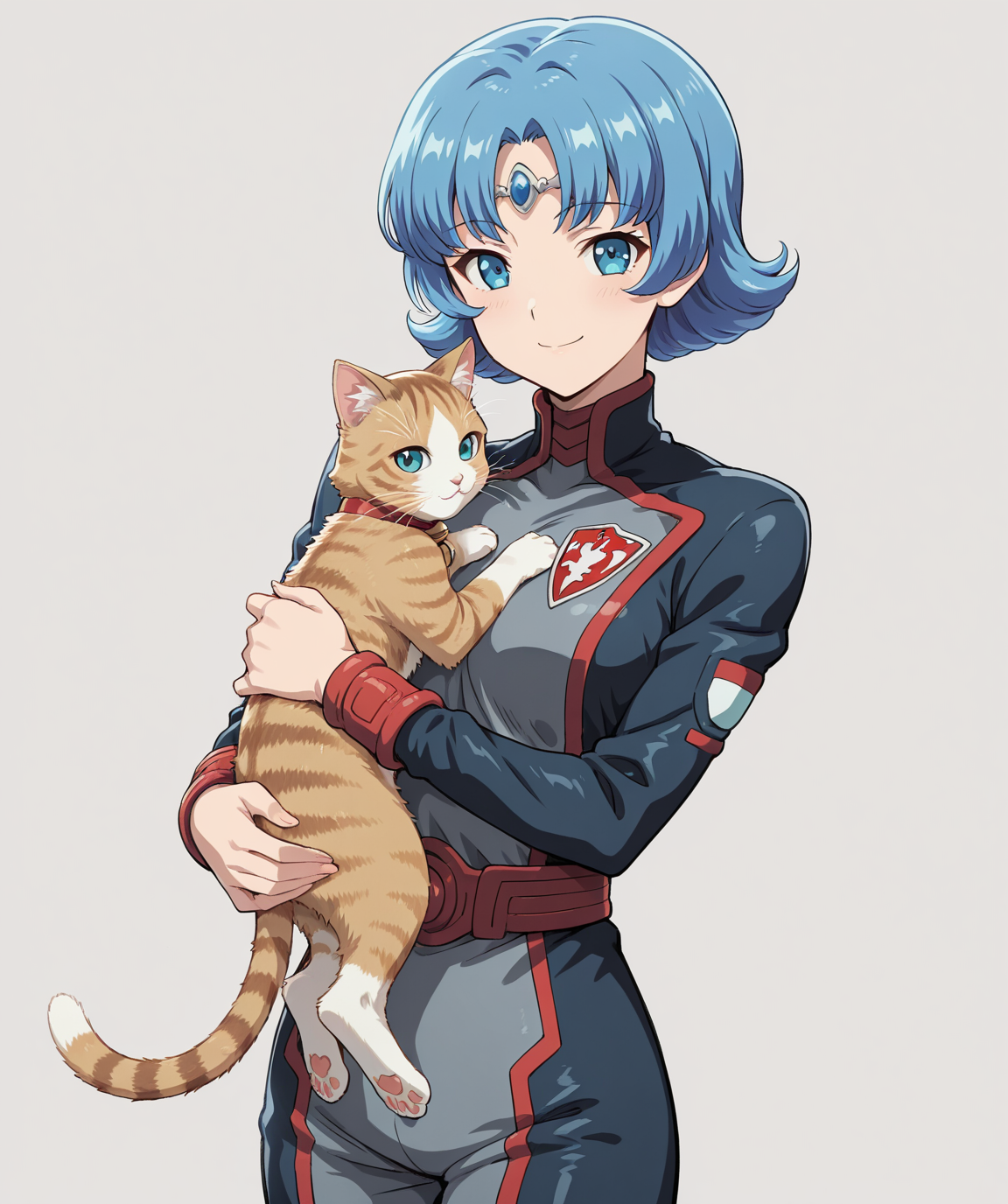 masterpiece, best quality, amazing quality, very aesthetic, ultra detail, clear line, solo, <lora:ecrua_v1:0.8>, ecrua, blue eyes, short hair, blue hair, hair ornament, military uniform, jumpsuit, red belt, smile, holding cat, cowboy shot, simple background, <lora:LECO_BadHands:1.2>, <lora:LECO_GoodHands:-1.2>, <lora:cfg_scale_boost:0.7>