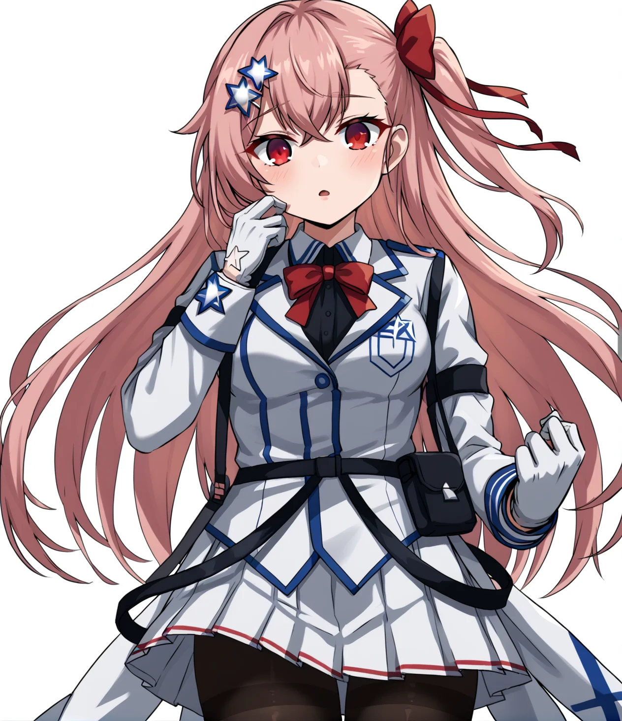 <lora:Negev_Girls_Frontline:1> negev, pink hair, red eyes, bangs, star of david hair accessories, white gloves, skirt, pantyhose