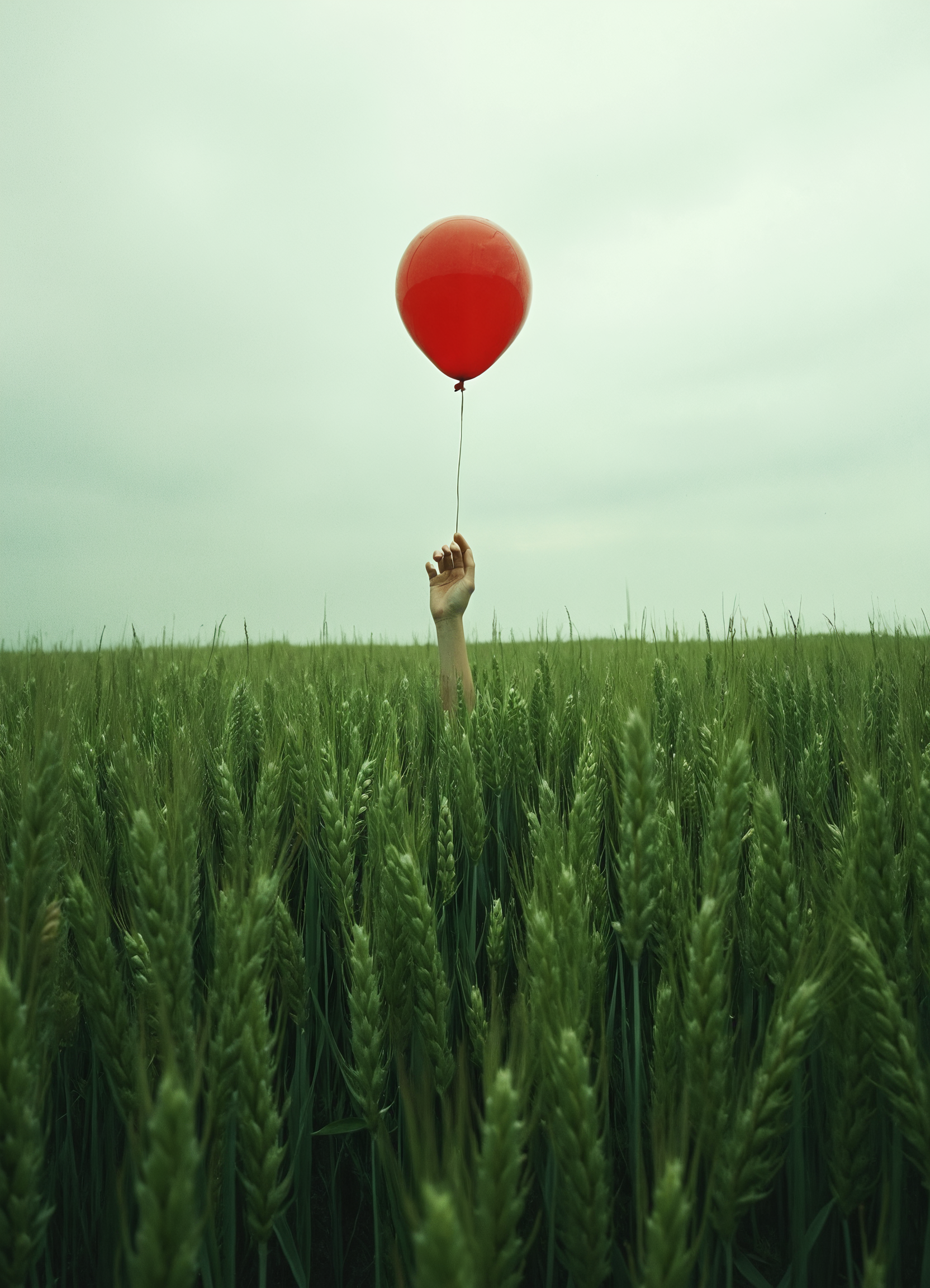 Hyper-realistic photograph of a vast, lush green wheat field stretching to the horizon under an overcast sky. A single, vibrant red balloon floats above the field, its string held by a lone human hand reaching up from within the tall grass. The wheat stalks are rendered in exquisite detail, each blade distinct and swaying slightly in an unseen breeze. The sky is a muted, pale gray, creating a stark contrast with the vivid green of the field and the bold red of the balloon. Soft, diffused lighting emphasizes the texture of the wheat and the smooth surface of the balloon. The composition is simple yet surreal, with the bottom two-thirds filled by the dense wheat field and the top third dominated by the expansive sky and floating balloon. The human hand adds an element of mystery and scale to the scene. Every detail is captured with photographic precision, from the individual grains of wheat to the subtle sheen on the balloon's surface