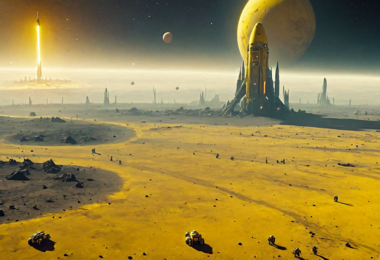 closeup of planets surface, a giant tall yellow drdnght machine with rocket launcher and flamethrower is visible on the Planets surface, walks across an alien battlefield searching for enemies, rockets streak across the sky and explode at the Horizon