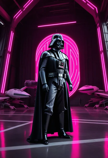 score_9, score_8_up, score_7_up, score_7, score_6_up, photo, detailed, full body, tack sharp, sharp focus, raw, realistic, highest quality, masterpiece, solo, Darth Vader in neon pink uniform, high heels, pink helmet on, very detailed dynamic Star Wars hangar as background, ((nsgzz, "BUZZ" (text), caps font, text focus, text, neon sign, white text, pink theme, glow)), d3t41l3d, full body