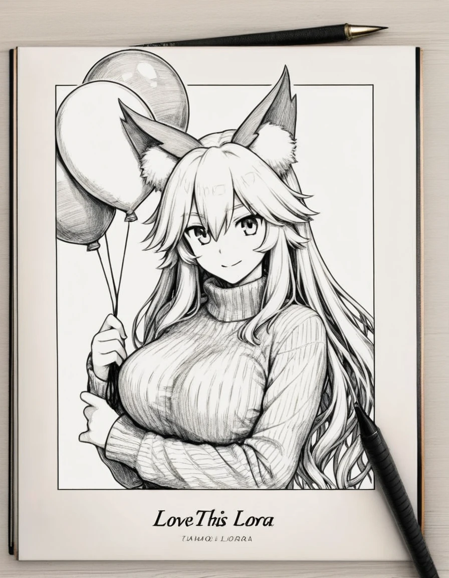 <lora:style_strength_controller_nbep11_v1:0.3><lora:illustriousXLv01_stabilizer_v1.152:0.7><lora:contract_controller_illus01_v1:-0.1>1girl,tamamo \(fate\),long hair,sweater,upper body,holding balloon,looking at viewer,pen on paper,notebook,pencil art,masterpiece,monochrome,title: "LOVE THIS LORA",