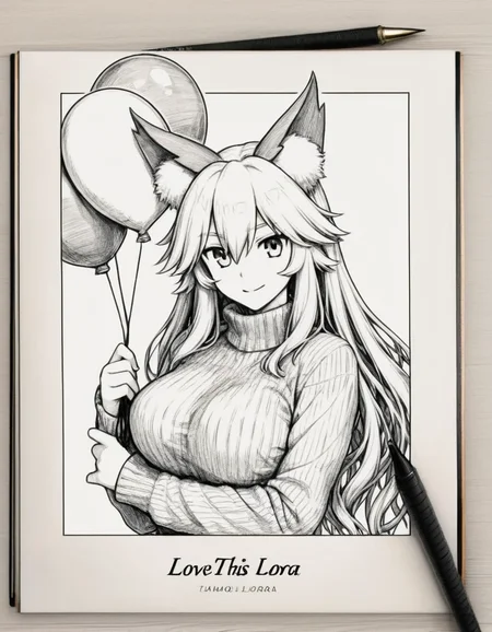 <lora:style_strength_controller_nbep11_v1:0.3><lora:illustriousXLv01_stabilizer_v1.152:0.7><lora:contract_controller_illus01_v1:-0.1>1girl,tamamo \(fate\),long hair,sweater,upper body,holding balloon,looking at viewer,pen on paper,notebook,pencil art,masterpiece,monochrome,title: "LOVE THIS LORA",