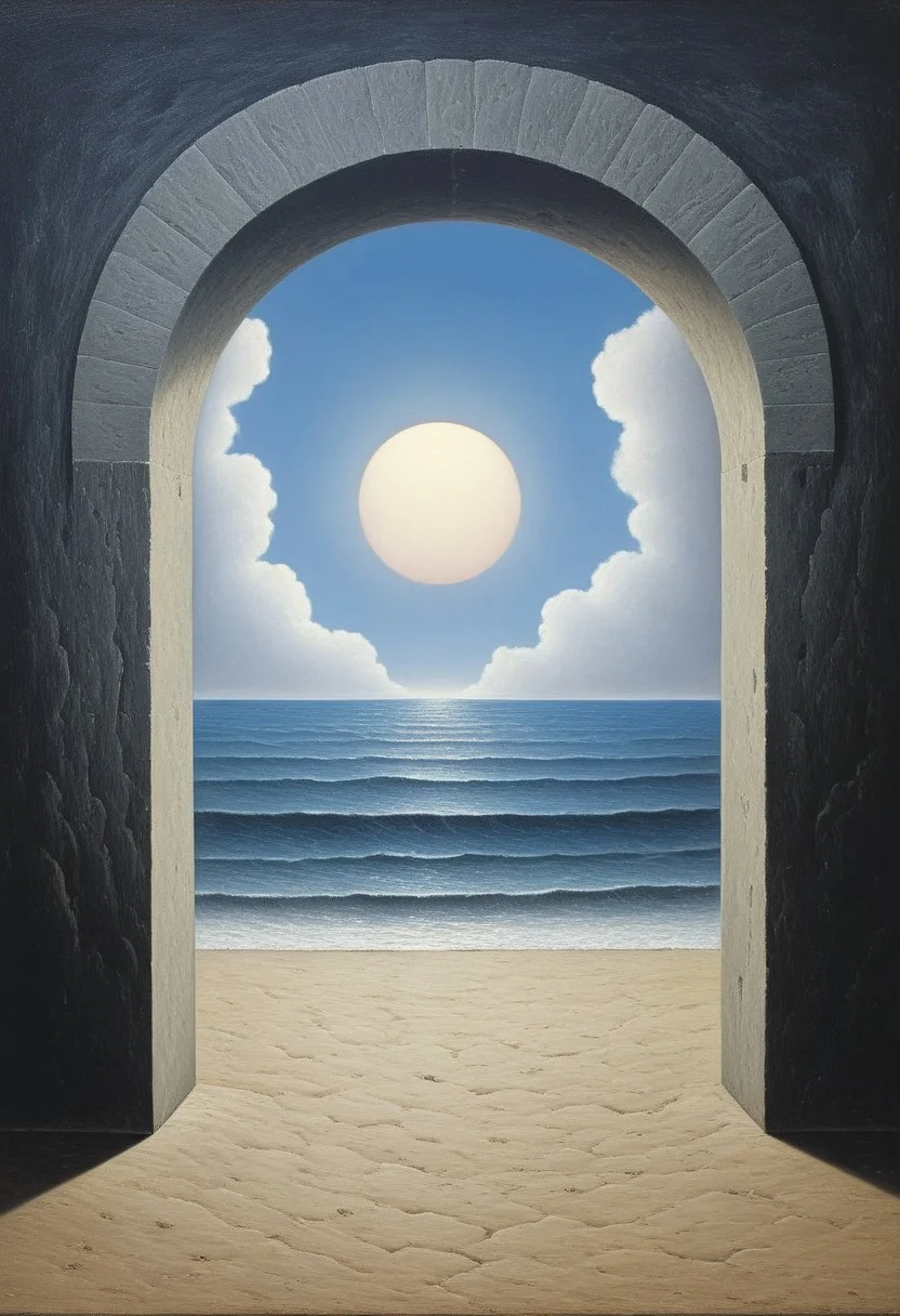Celestial Ocean Gateway:
A majestic stone archway opens onto a surreal ocean with a swirling vortex sky and glowing sun at the center, crashing waves, ancient temple architecture, dramatic light shafts, mist and shadows around the gate, mythic and dreamlike atmosphere
Style tags: Surrealist art, Rafal Olbinski, René Magritte, Jean Arp, Frida Kahlo, Jan van Eyck, William Hogarth, Pierre-Auguste Renoir, Xidong Luo, Kazimir Malevich