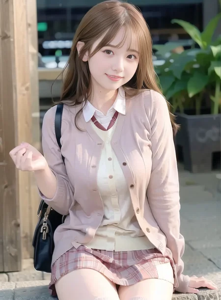 best quality, long hair, smile,(thighhighs:1), (8k, best quality, masterpiece:1.2), (realistic, photo-realistic:1.37), ultra-detailed, full body, small waist, 1 girl,cute, solo,beautiful detailed ,night,sitting,dating,(nose blush),(smile:1.15),(grin) large breasts,(fantasy breasts), cleavage, beautiful detailed eyes,(pink school girl cardigan buttoned:1.3),<lora:chilloutmixss_xss10:1>