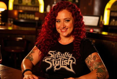 A medium shot photograph at 1:00 AM, showing a curvy 30-year-old woman with long curly red hair and dark green eyes at a dive bar that has linoleum floors, she is a little overweight and voluptuous, old shabby wooden furniture, the only light comes form the mismatched old lamps on the tables. There is a jukebox from the 1980's in the background. There is a glass of scotch on the table in front of her. She is a beautiful woman with mature features, like wrinkles, freckles and moles are emphasized under Rembrandti lighting. She has a confident, lusty, expectant smile. She is fucking you with her eyes, She has a few tattoos. She is wearing a heavy metal t-shirt that says “Sinfully Stylish” . She has medium sized breasts that are very saggy and her erect nipples are covered by the shirt but their outlines are slightly visible, there is a light haze of cigarette smoke in the air
