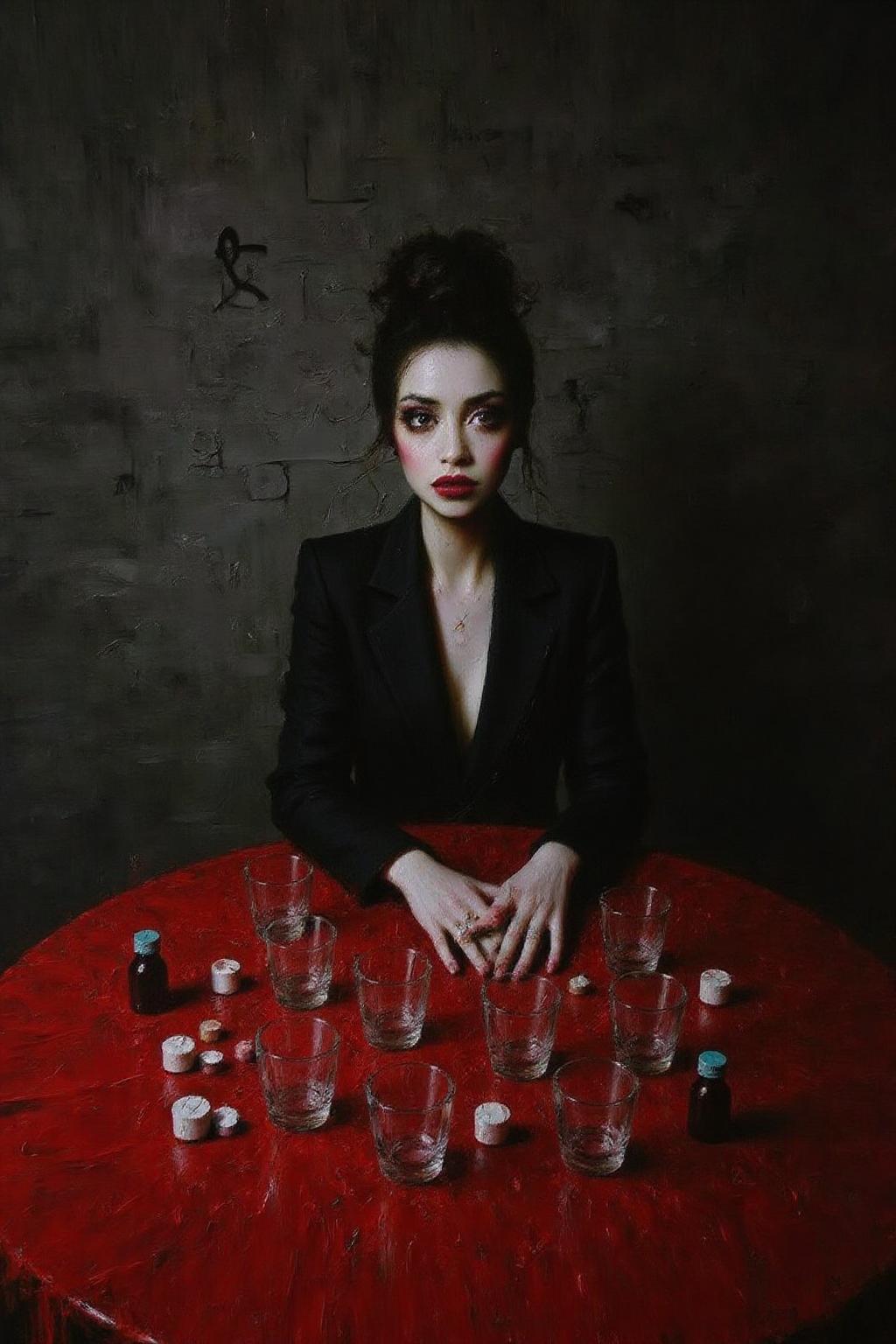 talo1 painting.
Create a cinematic, surreal portrait of a woman seated at a cluttered red table, surrounded by mirrored reflections of herself. She wears intense red eye makeup that accentuates her expressive gaze. The scene is filled with translucent glass cups, pill containers, and small bottles, all creating an eclectic and moody atmosphere. Smoke rises around her, adding a dreamlike quality, while a wallpaper of hand-drawn symbols or calligraphy fills the background. The lighting is muted and soft, emphasizing a reflective and introspective mood with a retro, film-noir style <lora:talo1_cap_d6a3e15:1.0><lora:828773945034535763:0>
