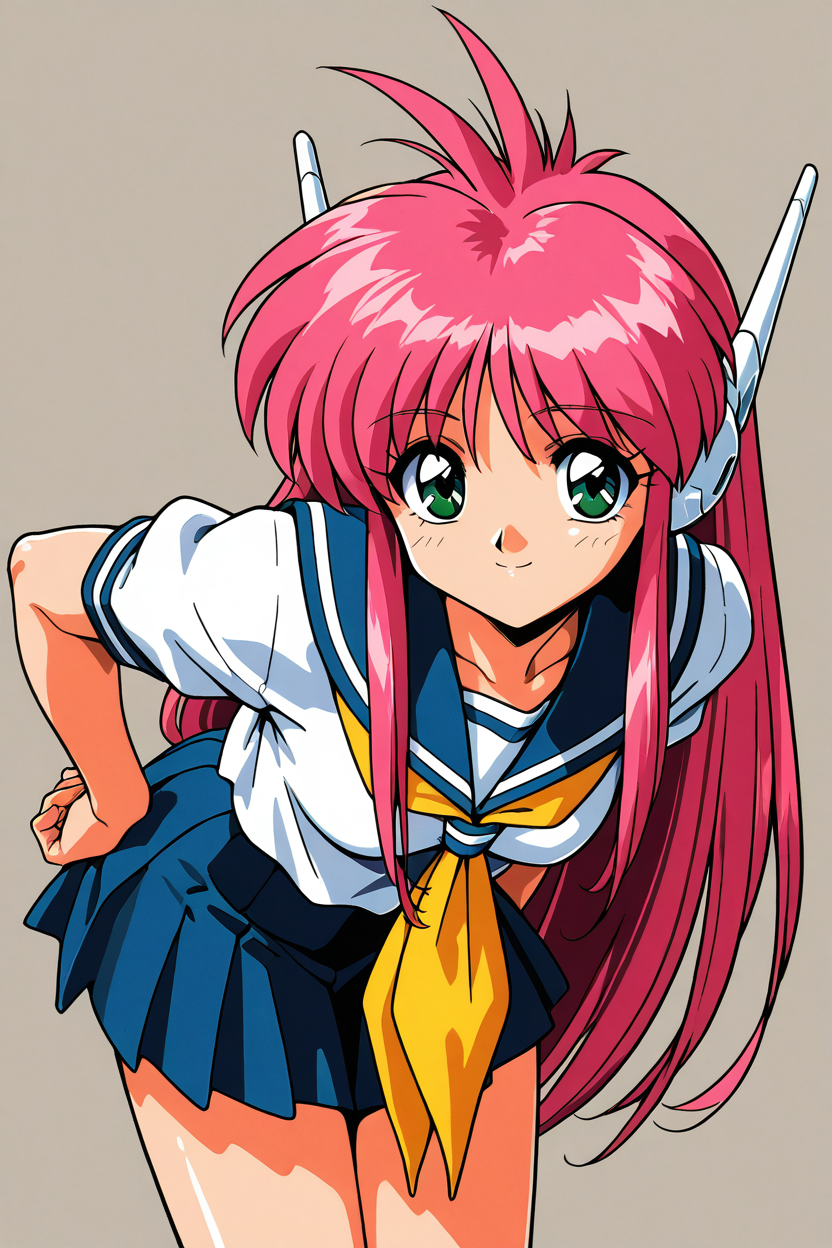 masterpiece, best quality, 1girl, solo, 21 year old model, eyelashes, (beautiful eyes),     ,,, <lora:NukuNukuIXL:1.0>, artstyle, 1990s (style), zzNukuNuku, green eyes, pink hair, long hair, robot ears, retro school uniform, serafuku, blue skirt, white shirt, , cowboy shot, leaning forward, smile, looking at viewer, shiny skin,