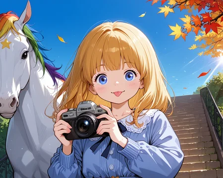 IllusP0s, PonyScores7, source_anime, ah1, IllustriousQual, interesting, exciting, spectacular, wonderful,
BREAK (Ground level, Close to viewer),
BREAK 1girl, <lora:Rainbow Brite Illustrious 1:0.6>, Rainbow Brite, Starlight, A white horse with a rainbow mane, <lora:shinyskin2:0.2>, glistening skin,
BREAK  (blonde hair), long hair, scrunchie, up pnytail, <lora:hairdetailpxl:0.2>, hairdetailpxl,
BREAK (blue eyes), <lora:expressive eyes:0.2>, expressive eyes, <lora:eyedetailpxl:0.2>, eyedetailpxl, <lora:Eyes_High_Definition:0.2>, EyesHD,
BREAK ((tongue out)), <lora:Expressive_H:0.2>, Expressiveh, <lora:Emotional_Anime_Expressions_PonyXL_Concept:0.2>, emotional, <lora:Best_Facial_Expression_LoRA_PONY:0.2>, looking at viewer, <lora:Detailed expressive EXEV style -XL Pony V1.0:0.2>, FaceDetail,
BREAK ((holding a camera)),
BREAK (skobeloff massage therapist, wearing comfortable clothes with a massage oil bottle and a towel in hand),
BREAK (((The Roman Theater in Amman during a vibrant autumn afternoon, with colorful leaves scattered around the ancient steps, illuminated by warm sunlight, highlighting the architectural details against a clear blue sky))),
BREAK <lora:xl_more_art-full_v1:0.2>, <lora:aesthetic_anime_v1s:0.2>, <lora:EpicF4nta5yXL:0.2>, <lora:detailxl:0.2>, detailxl, <lora:Fant5yP0ny:0.2>, best quality, amazing quality, best aesthetic, absurdres, illustration, Volumetric_Lighting, ultra-detailed, very aesthetic, intricate details, 8k, masterpiece, best_quality
BREAK Stable_Yogis_PDXL_Positives, AS-Adult, <lora:Complicated fantasy portrait - XL Pony V2.0:0.2>, bad-hands-5, <lora:HDA_Detailer:0.3>,