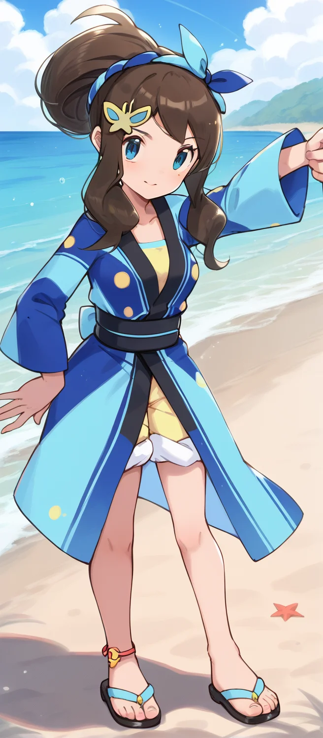 score_9, score_8_up, score_7_up,source_anime, (1girl), solo, mature female, standing, beach, colorful, close_up, medium breasts,masterpiece,amazing quality,very aesthetic,high resolution,ultra-detailed,absurdres,newest,masterpiece,amazing quality,very aesthetic,high resolution,ultra-detailed,absurdres,newest, sweat,sumhilda, ex colors, blue eyes, brown hair, sidelocks, high ponytail, gold hair ornament, nejiri hachimaki, blue hairband, light blue hairband, japanese clothes, happi, long sleeves, multicolored jacket, blue jacket, light blue jacket, yellow shirt, two-tone shorts, (yellow shorts), [white shorts], red anklet, sandals, light blue footwear, black footwear