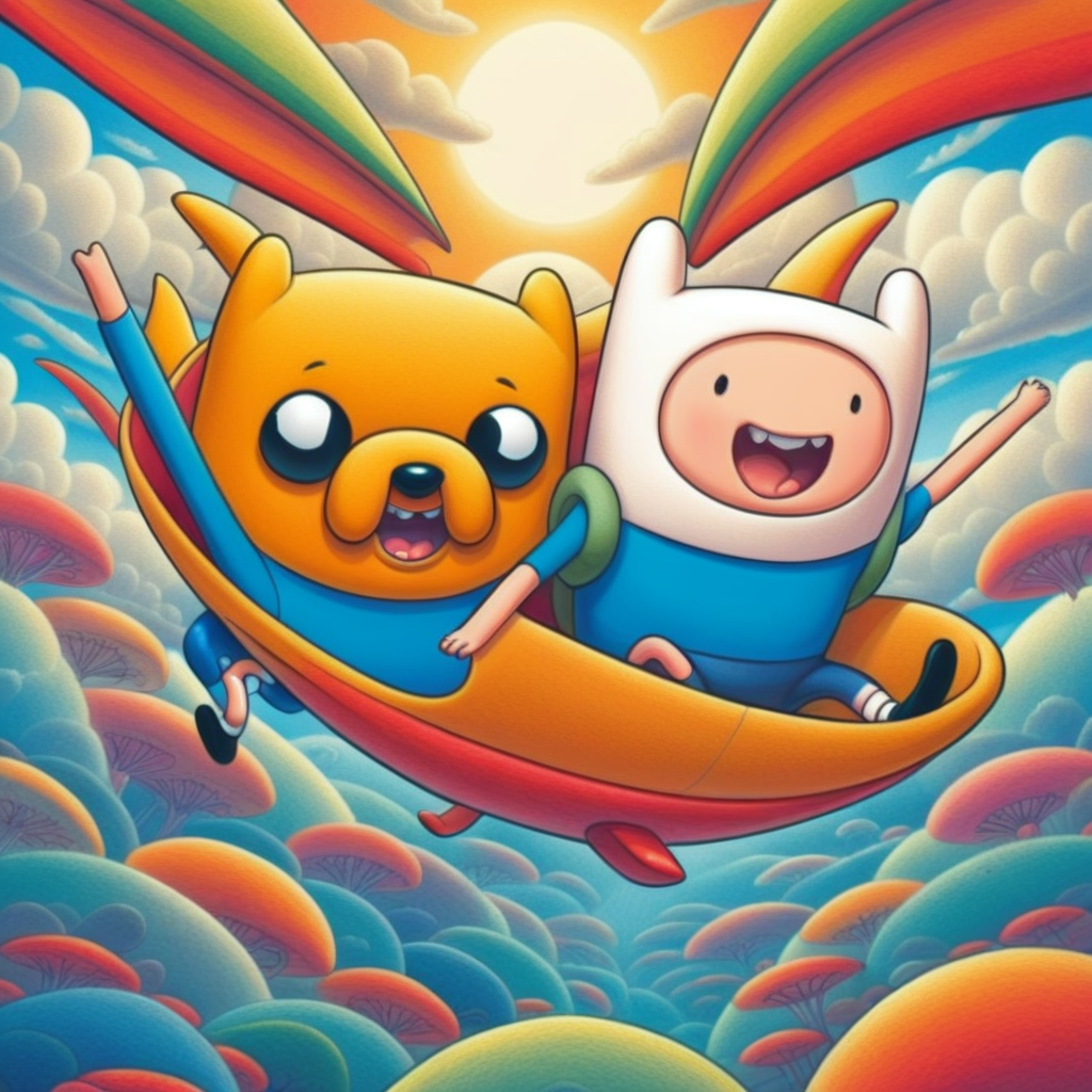 adtime, jake, finn, flying on hang gliders, high quality, 1boys, yellow dog, clouds <lora:KK__Adventure_Time_Style_SDXL:1>