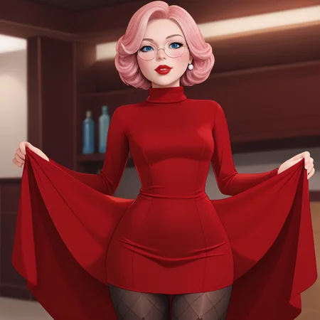 <lora:MrClaus_pony_v1:1>  MrsClaus, 1girl,  glasses, round eyewear,  solo, blue eyes, red lips, lipstick, makeup, pink hair,  short hair,  freckles, cowboy shot,  <lora:0965 Home wear 12_v1_pony:1> ruanyi0965,red dress,short dress,black pantyhose,argyle legwear,turtleneck,dress lift,bottomless,long sleeves